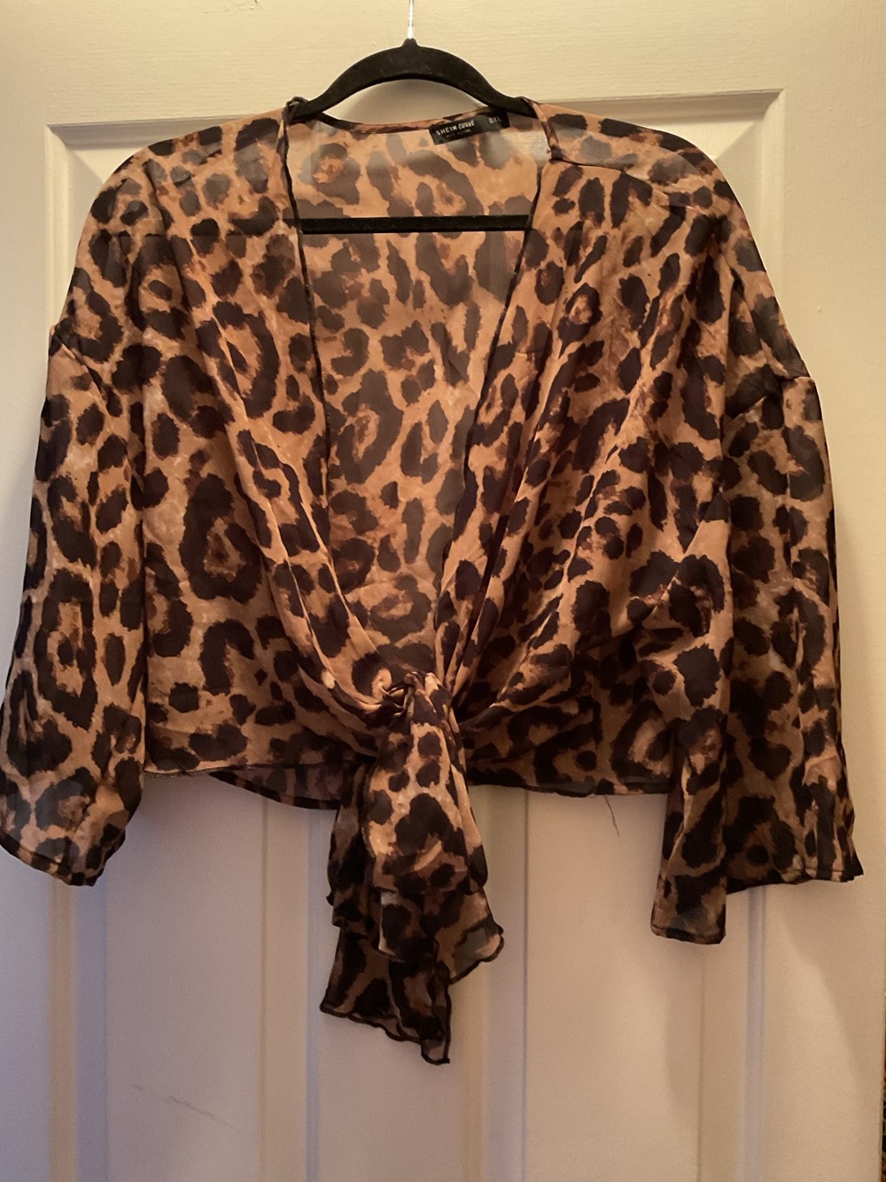 SHEIN Leopard Sheer Tie-Front Crop Top - Brown/Black